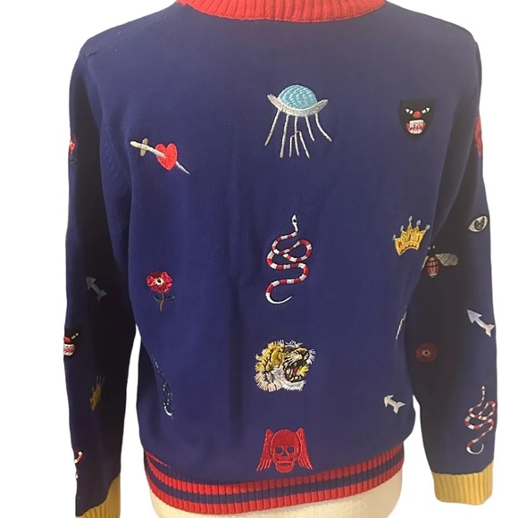 Designer All Over Embroidered Patch Style Fashion Sweater Small/Medium - Picture 3 of 16